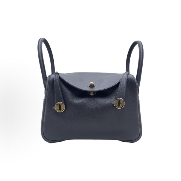 HERMES爱马仕 Lindy 26 金扣 手提包 26 女款 3Y Caban 黑呢色/水兵蓝